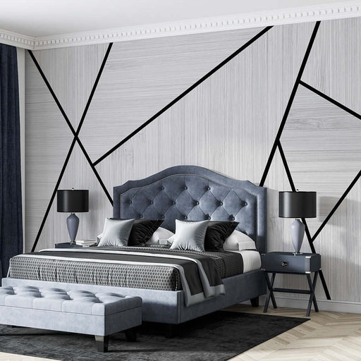 Geometric splicing wood grain wallpaper | Living room line art wall - modern bedroom with architecturally inspired black line patterns and wood grain textures