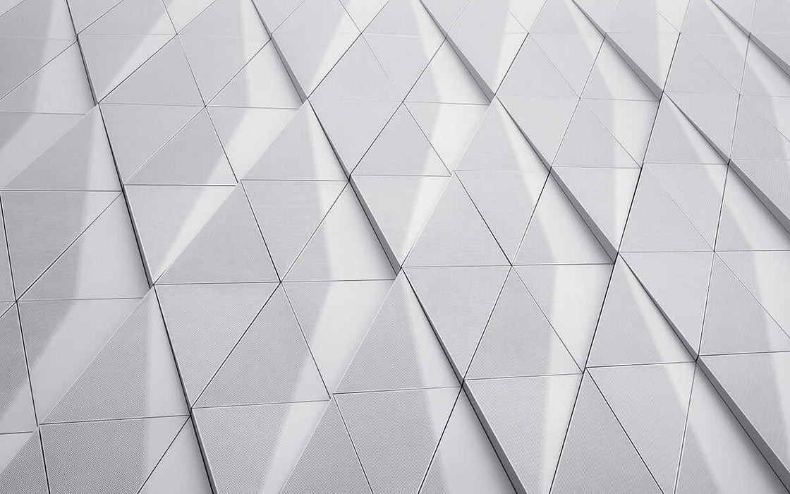 Geometric Triangle Wallpaper Mural | Advanced Grey Tone - industrial minimalist three-dimensional triangle pattern in high-end gray tones for a futuristic living room or luxurious bedroom