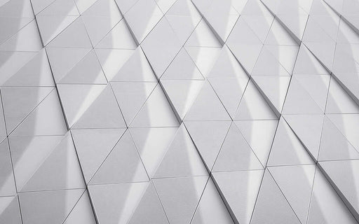 Geometric Triangle Wallpaper Mural | Advanced Grey Tone - industrial minimalist three-dimensional triangle pattern in high-end gray tones for a futuristic living room or luxurious bedroom