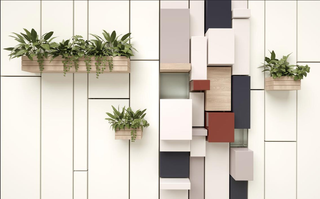 Geometric Wallpaper Mural | Geometric Color Blocks with Green Plant Decoration - Carving wallpaper