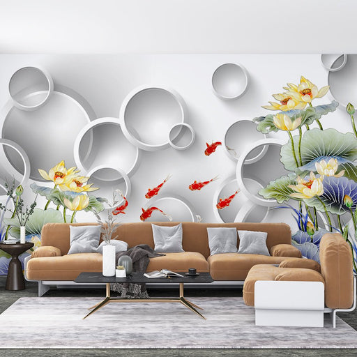 Geometric Wallpaper Mural | Lotus Carp - Carving wallpaper