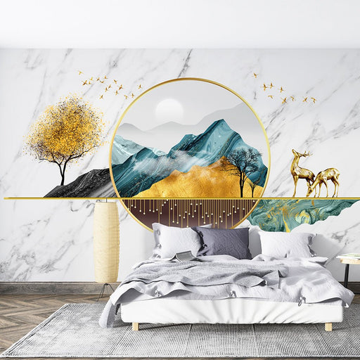 Gilded Landscape Elk Wallpaper Mural | Living Room and Bedroom Decoration - Carving wallpaper
