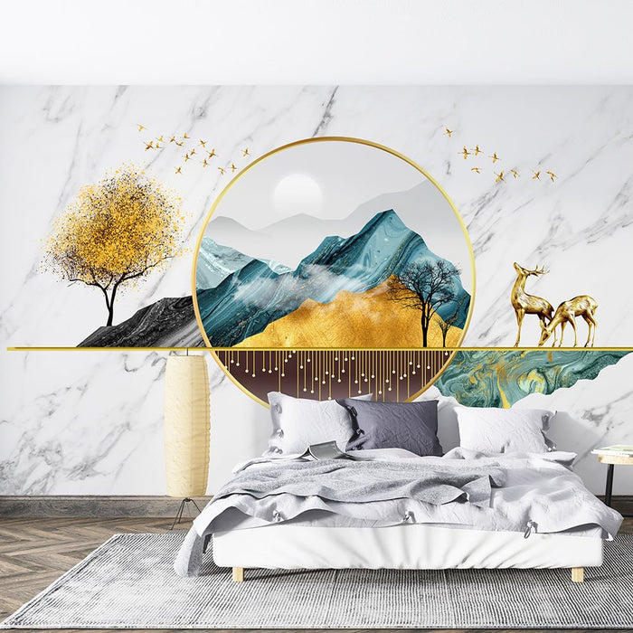 Gilded Landscape Elk Wallpaper Mural | Living Room and Bedroom Decoration - Carving wallpaper