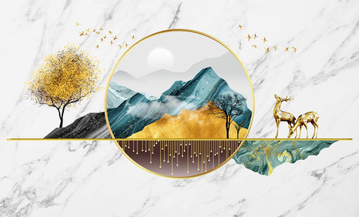 Gilded Landscape Elk Wallpaper Mural | Living Room and Bedroom Decoration - Carving wallpaper