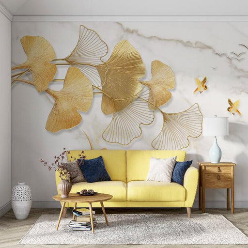 Ginkgo Leaf Mural Wallpaper | Ginkgo Bird Wallpaper - Carving wallpaper