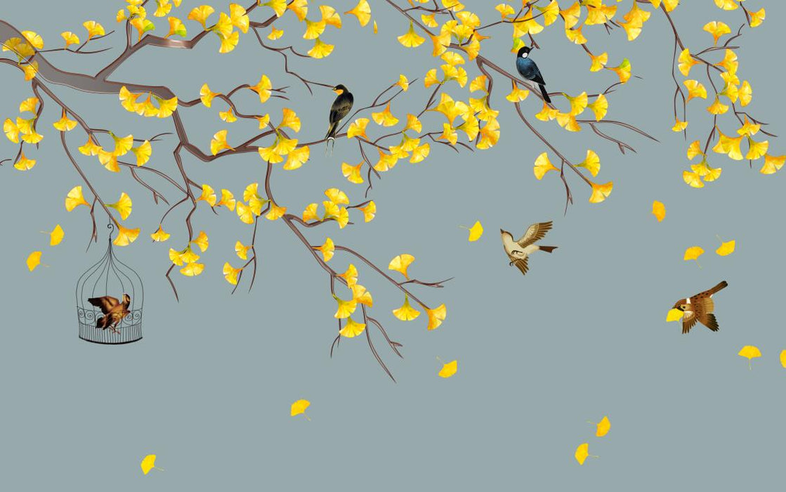 Ginkgo Leaf Mural Wallpaper | Grey Blue Ginkgo Bird Flying Bird Wallpaper - Carving wallpaper