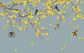 Ginkgo Leaf Mural Wallpaper | Grey Blue Ginkgo Bird Flying Bird Wallpaper - Carving wallpaper