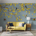 Ginkgo Leaf Mural Wallpaper | Grey Blue Ginkgo Bird Flying Bird Wallpaper - Carving wallpaper