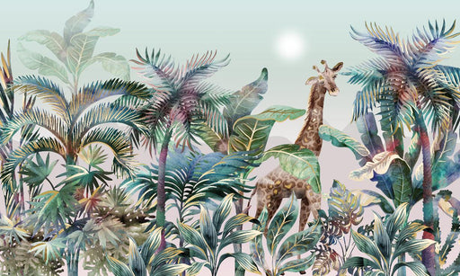 Giraffe Wallpaper Mural | Tropical Green Plant Natural Style Wallpaper - Carving wallpaper