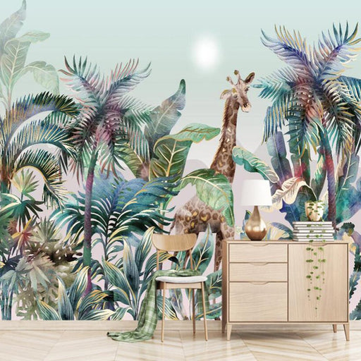 Giraffe Wallpaper Mural | Tropical Green Plant Natural Style Wallpaper - Carving wallpaper