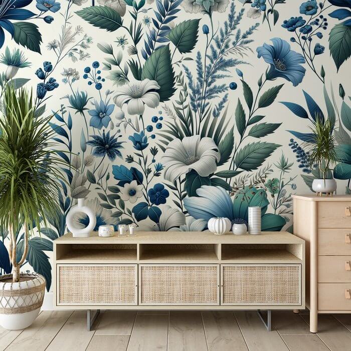 Giverny-Inspired Blue Florals Mural: Hand-Painted Hydrangeas & Olive Leaves for Bedroom Serenity
