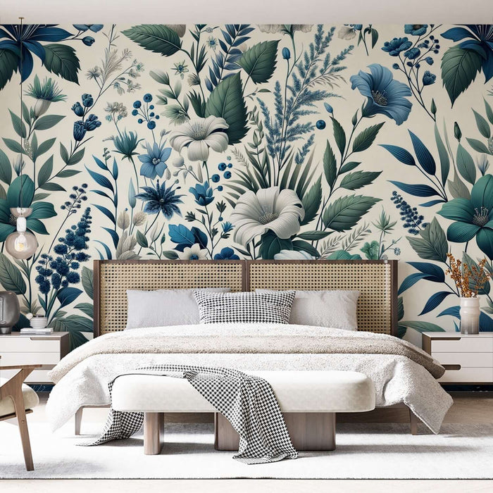 Giverny-Inspired Blue Florals Mural: Hand-Painted Hydrangeas & Olive Leaves for Bedroom Serenity