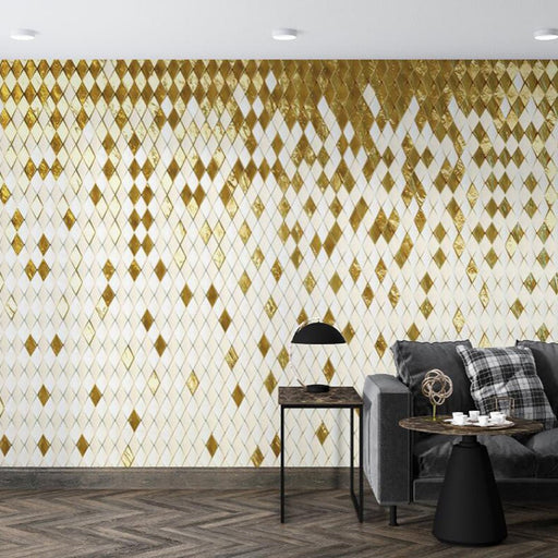 Gold and white diamond patterned mural wallpaper | Highlighting luxurious and fashionable style - Carving wallpaper