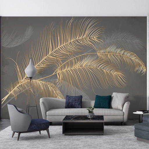 Gold Feather Wallpaper | Gray Bottom Gold Feather Mural - Carving wallpaper