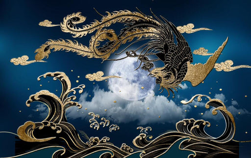 Golden Blue Phoenix Wallpaper Mural | Creating a Mysterious Oriental Atmosphere - Carving wallpaper