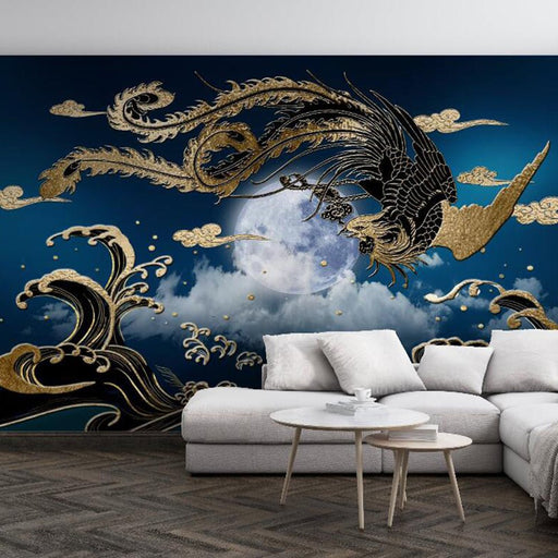 Golden Blue Phoenix Wallpaper Mural | Creating a Mysterious Oriental Atmosphere - Carving wallpaper