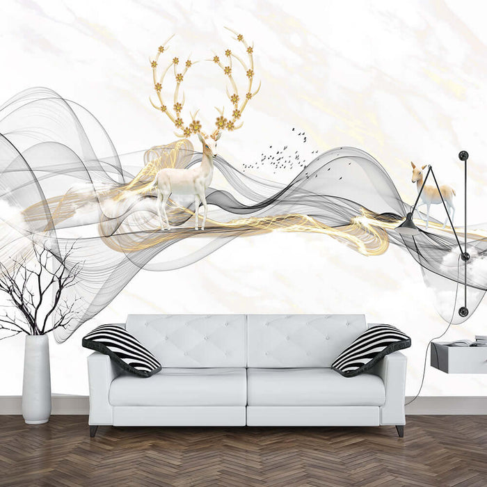 Golden Deer Line Wallpaper Mural |Living Room Bedroom Light Luxury Decoration: luxurious Chinese style deer motif with flowing gold lines for living room or bedroom decor