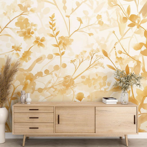 Golden floral wallpaper mural | Watercolor style plants - Carving wallpaper
