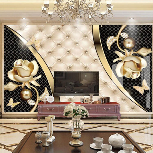 Golden Flower Mural Wallpaper | Leather Soft Bag with Golden Flowers - Carving wallpaper