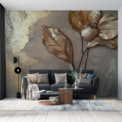 Golden Flower Wallpaper Mural | Relief Effect Flower - Carving wallpaper