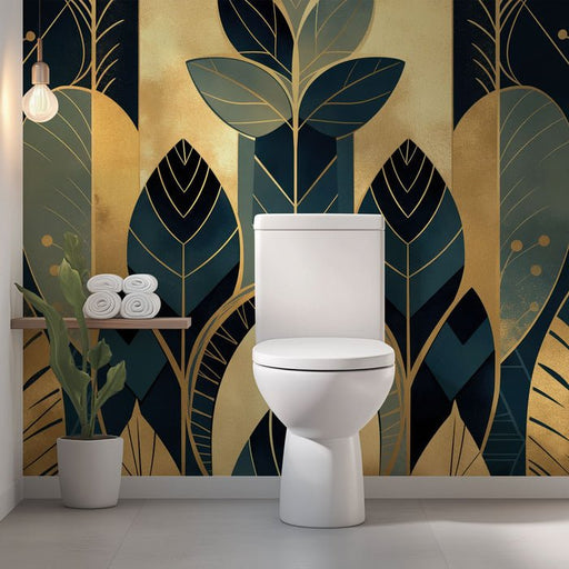 Golden green geometric leaf wallpaper mural | Revitalizing bathroom space - Carving wallpaper
