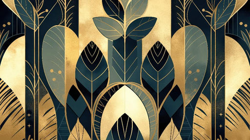 Golden green geometric leaf wallpaper mural | Revitalizing bathroom space - Carving wallpaper