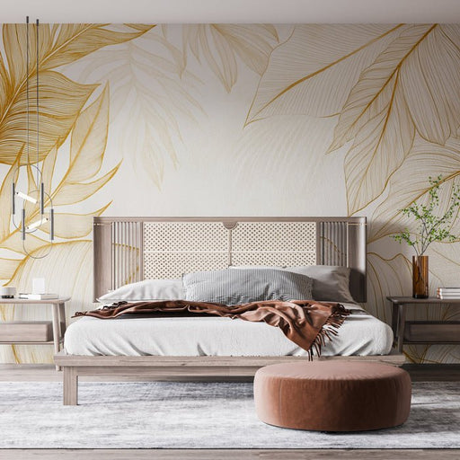 Golden leaf texture wallpaper mural | Gold and white - Carving wallpaper