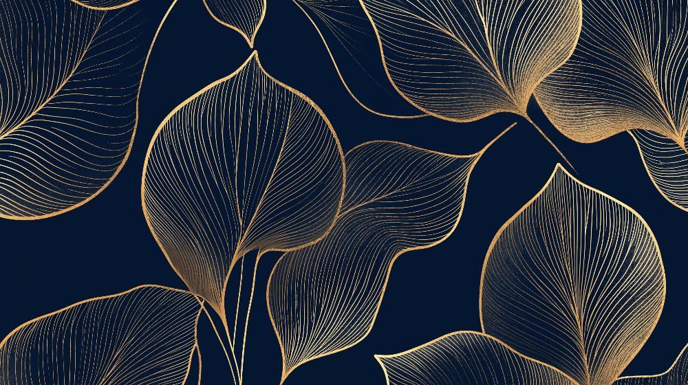 Golden Leaf Wallpaper Mural | Elegant Lines on Midnight Blue Background - luxurious black and gold leaf pattern with geometric lines for bedrooms and living rooms