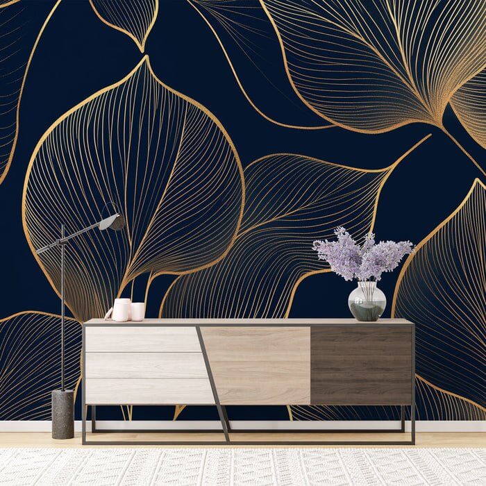 Golden Leaf Wallpaper Mural | Elegant Lines on Midnight Blue Background detailing luxurious black and gold leaf pattern for bedrooms and living rooms