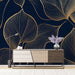 Golden Leaf Wallpaper Mural | Elegant Lines on Midnight Blue Background detailing luxurious black and gold leaf pattern for bedrooms and living rooms