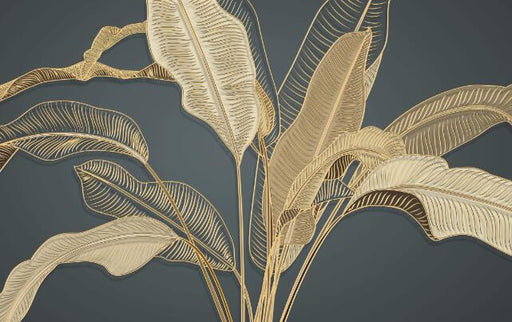 Golden Leaf Wallpaper Mural | Tropical Plant Leaf Shadow Deep Blue Background - Carving wallpaper