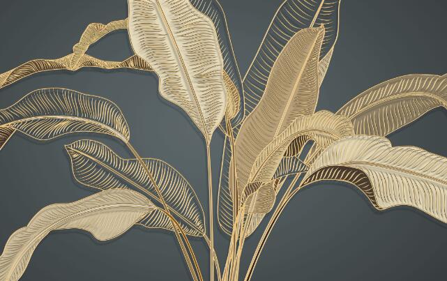 Golden Leaf Wallpaper Mural | Tropical Plant Leaf Shadow Deep Blue Background - Carving wallpaper