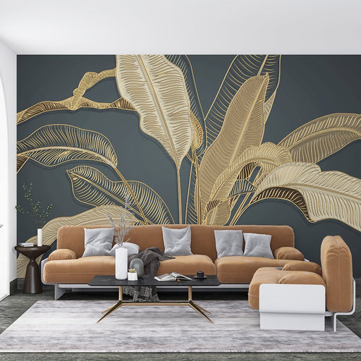 Golden Leaf Wallpaper Mural | Tropical Plant Leaf Shadow Deep Blue Background - Carving wallpaper