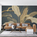 Golden Leaf Wallpaper Mural | Tropical Plant Leaf Shadow Deep Blue Background - Carving wallpaper