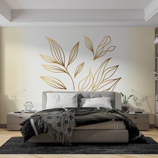 Golden line leaf decoration wallpaper mural | Golden leaf silhouette - Carving wallpaper