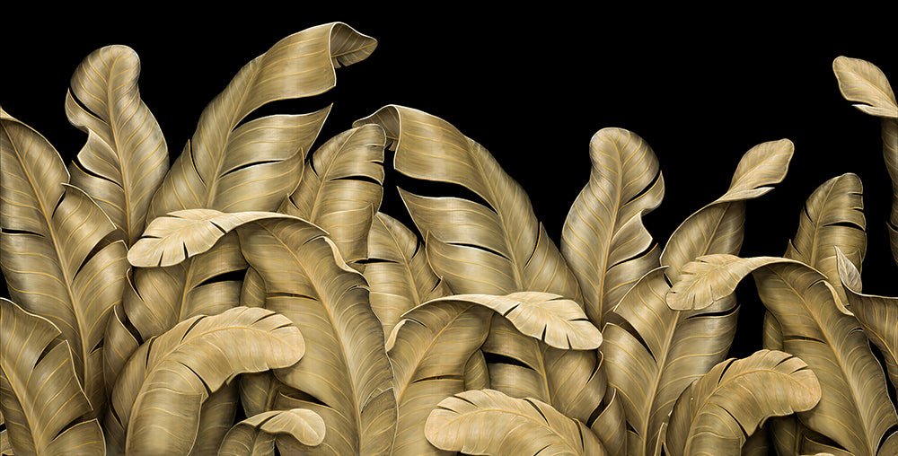 Golden plant leaf wallpaper mural | Tropical style - Carving wallpaper