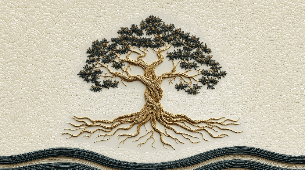 Golden rooted tree wallpaper mural | Zen relief style - Carving wallpaper