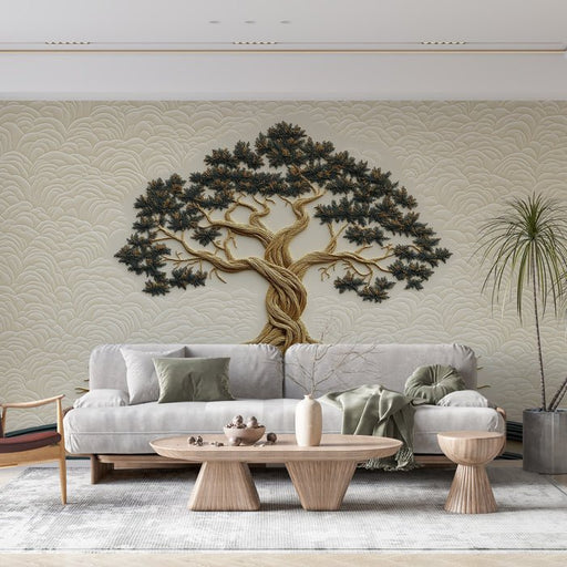 Golden rooted tree wallpaper mural | Zen relief style - Carving wallpaper