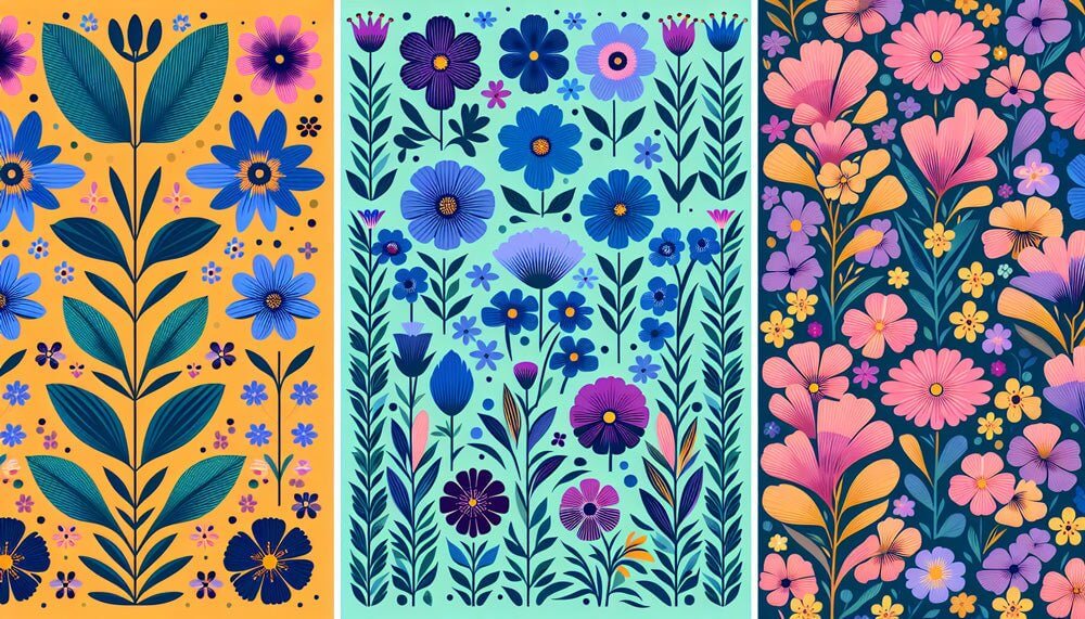 Gradient Floral Wallpaper Mural | Blue & Purple Blooms | Chic Bedroom & Living Room Accent with vibrant blue-purple florals on gradient backgrounds