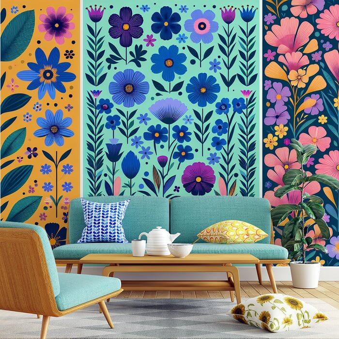 Gradient Floral Wallpaper Mural | Blue & Purple Blooms | Chic Bedroom & Living Room Accent with vibrant turquoise, purple, and coral florals in a modern mural