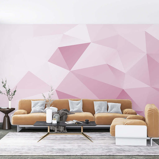 Gradient geometric wallpaper mural | Dreamy and minimalist decorative wall in a pastel pink-purple 3D polygon design with a modern tan sofa living room