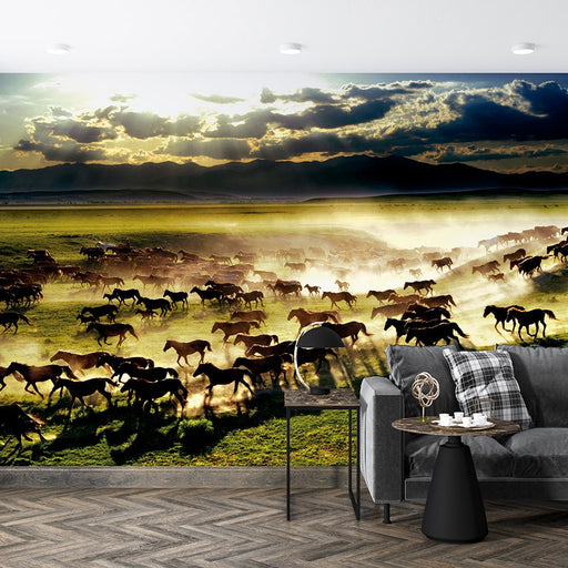 Grassland horse herd wallpaper mural | Living room and bedroom natural style decoration - Carving wallpaper