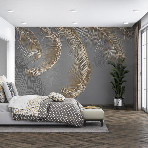 Gray gold feather wallpaper mural | Natural light luxury style - Carving wallpaper