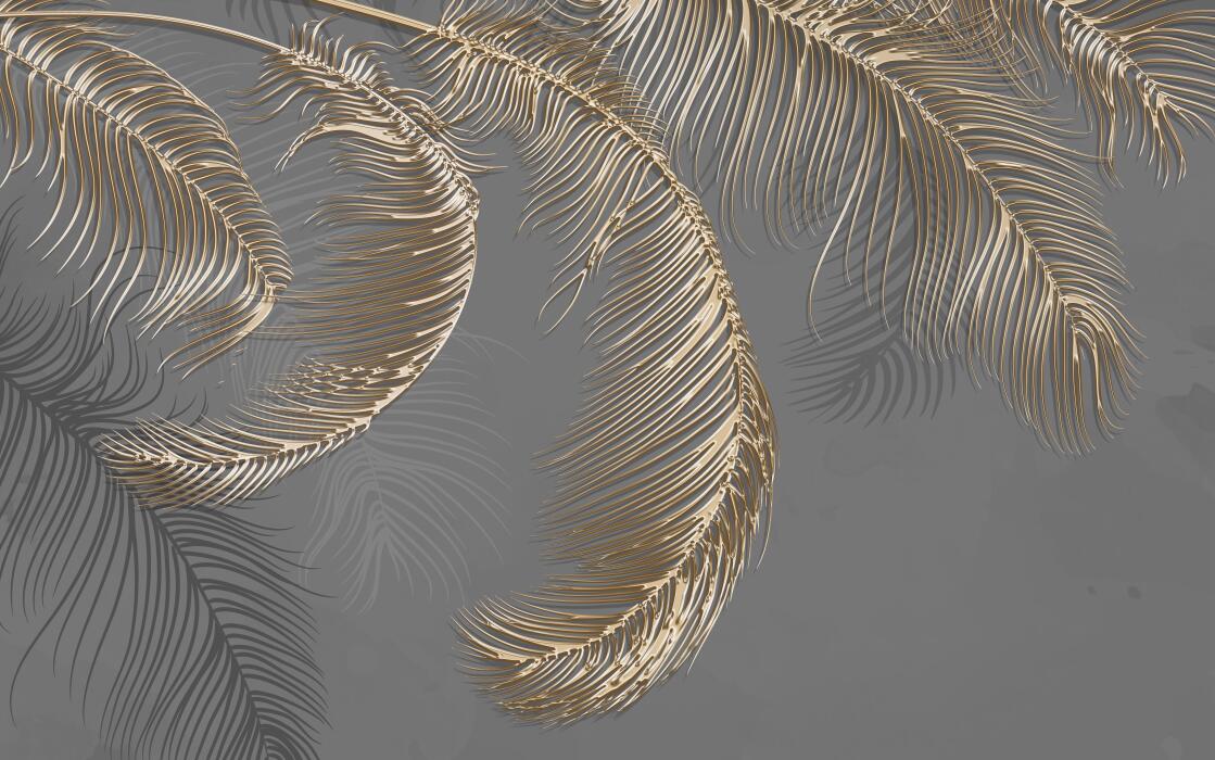 Gray gold feather wallpaper mural | Natural light luxury style - Carving wallpaper