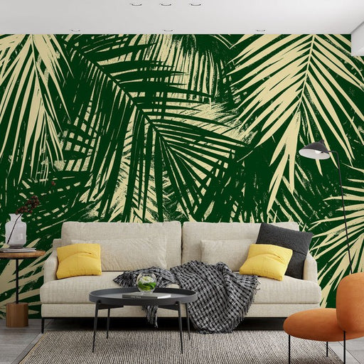 Green and beige leaf wallpaper mural | Palm trees and tropical - Carving wallpaper