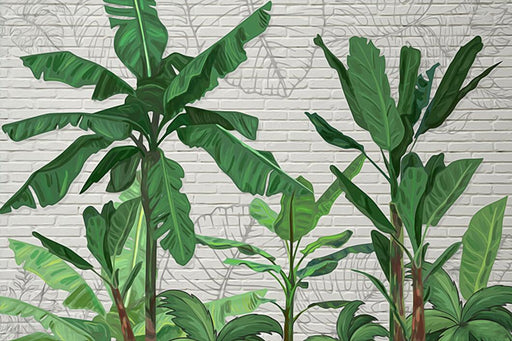 Green brick wall wallpaper mural | lush green banana trees - Carving wallpaper