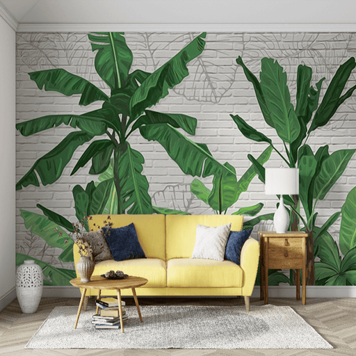 Green brick wall wallpaper mural | lush green banana trees - Carving wallpaper