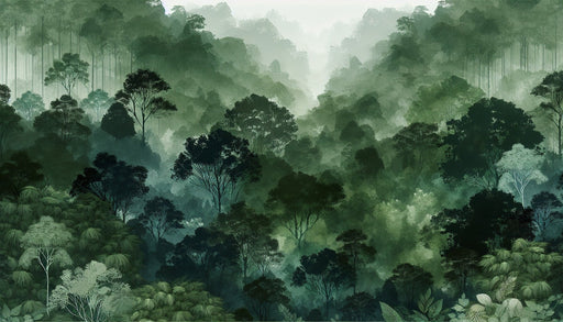 Green Forest Wallpaper Mural | Green Trees and Valley Watercolor Style - Carving wallpaper