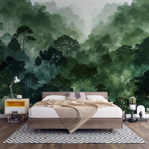 Green Forest Wallpaper Mural | Green Trees and Valley Watercolor Style - Carving wallpaper