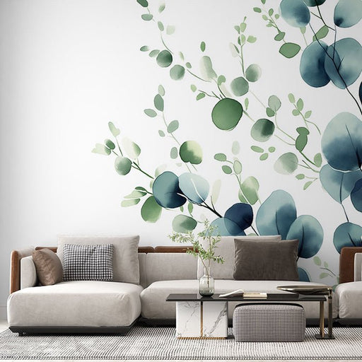 Green Leaf Wallpaper Mural | Exquisite Branches and Soothing Colors - Carving wallpaper